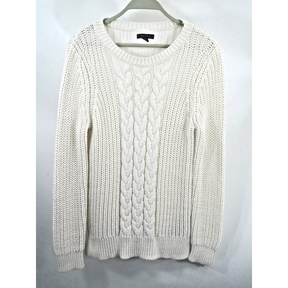 Nautica Women White Fisherman Cable Knit Sweater Large Chunky Cabin Pullover